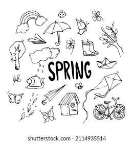 Hand drawn Spring doodle set background with black lettering. Vector simple doodles, spring and summer concept