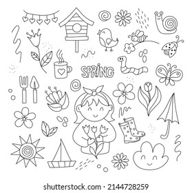Hand drawn Spring doodle set. Coloring book for kids with flowers, sun, clouds, butterflies. Line art. Cute background