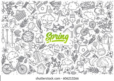 Hand drawn Spring doodle set background with green lettering in vector
