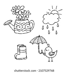 Handgezeichnetes Federdoodle. Wasserkocher, Regenschirm, Vogel, Tweet mit Regenschirm im Skizzenstil. Stock-Vektorgrafik Schwarz-Weiß-Saison-Set-Illustration.