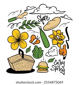 Hand drawn spring doodles set. Spring doodle vector illustrations. Flowers, enjoy, good time, bird, butterfly. Colorful vector elements.