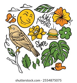 Hand drawn spring doodles set. Spring doodle vector illustrations. Flowers, enjoy, good time, bird, butterfly. Colorful vector elements.