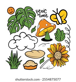 Hand drawn spring doodles set. Spring doodle vector illustrations. Flowers, enjoy, good time, bird, butterfly. Colorful vector elements.