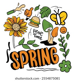 Hand drawn spring doodles set. Spring doodle vector illustrations. Flowers, enjoy, good time, bird, butterfly. Colorful vector elements.