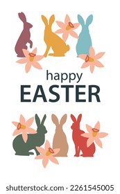 Hand drawn spring Easter card template: cute rabbits and daffodils. Great for banners, flyer, invite, wallpaper, wrapping design. Flat vector illustration.