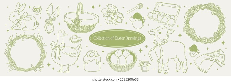 Hand drawn Spring and Easter Collection. Doodle cute drawing for decor, greeting cards, invitations. Village summer style. Flower wreaths, bunny, goose with bow, lamb, Easter chocolate eggs.	
