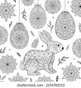 Conejo de pascua de primavera, huevos, flores. Colorante página de libros antiestrés de conejito para adultos y niños. Un animal de dibujos animados. Ilustración de esbozo de vector aislada en blanco