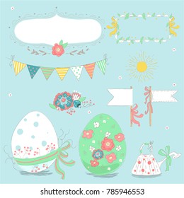 Hand drawn spring (easter) or summer party design elements. Colorful flags, floral frames, sun, flower wreath, painted easter eggs with tied bow and a watering can