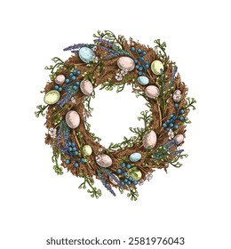 Hand drawn spring Easter wreath made of dry branches and twigs with colorful eggs and flowers