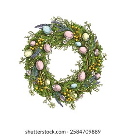 Hand drawn spring easter wreath made of fresh green grass with flowers, berries and colorful eggs