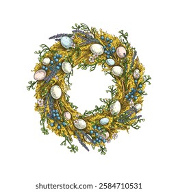 Hand drawn spring easter wreath of mimosa flowers with green grass, berries and colorful eggs