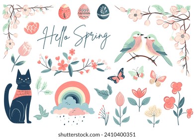 Hand drawn spring elements flowers, bird, cat. Spring collection. Vector illustration. Trendy spring design 