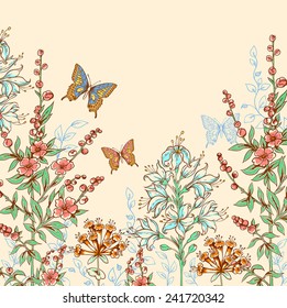 Hand drawn spring floral background with butterflies
