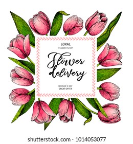 Hand drawn spring floral banner. Colored pink tulip. Flower delivery. Hand drawn detailed engraved illustration. Good for Easter, Woman day, Valentine greeting cards, sale flyer, wedding invitation