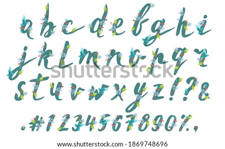 Hand drawn spring floral brush alphabet on white