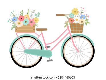 Hand drawn spring floral turquoise bike. Isolated on white background. Vector illustration. Retro bicycle with colorful flowers in crate and basket.