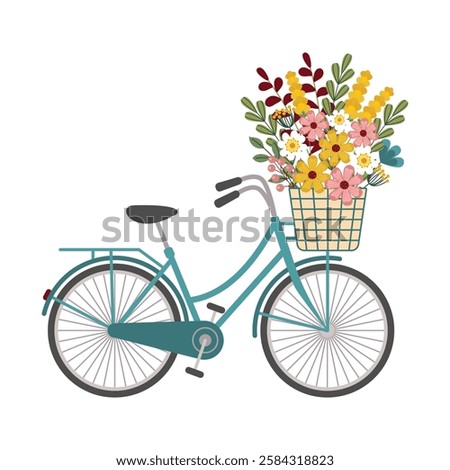 Hand drawn spring floral turquoise bike isolated on white background. Retro bicycle with colorful flowers in basket. Desgn in flat style. Vector illustration