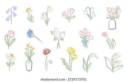 Hand drawn spring flower collection with soft pastel colors. Simple floral doodle set in crayon texture style for greeting cards, packaging, nursery prints and seasonal design. Vector illustration.