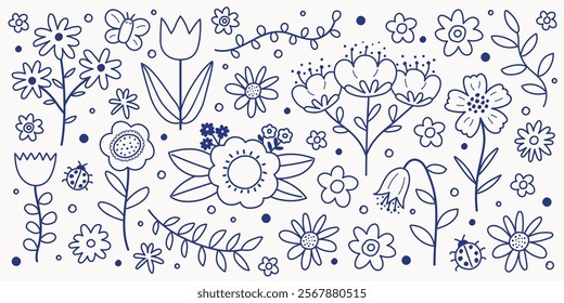 Hand drawn spring flower set. Icons in cartoon style. Vector illustration