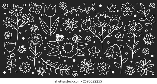 Hand drawn spring flower set. Icons in cartoon style. Vector illustration