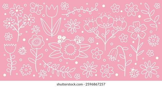 Hand drawn spring flower set. Icons in cartoon style. Vector illustration