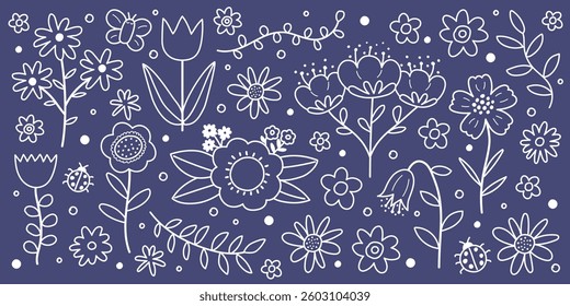Hand drawn spring flower set. Icons in cartoon style. Vector illustration