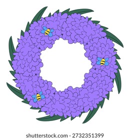 Flores de primavera desenhadas à mão com quadro de círculo de abelha. Doodle elementos florais da primavera. Ilustração isolada de vetor.