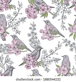 Flores de primavera dibujadas a mano y pájaros. Patrón transparente del vector