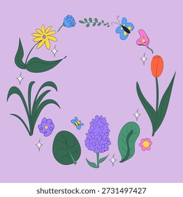 Quadro de círculo desenhado à mão de flores de primavera. Doodle elementos florais da primavera. Ilustração isolada de vetor.