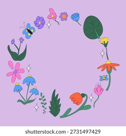 Quadro de círculo desenhado à mão de flores de primavera. Doodle elementos florais da primavera. Ilustração isolada de vetor.