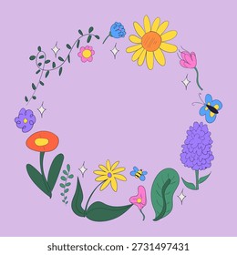 Quadro de círculo desenhado à mão de flores de primavera. Doodle elementos florais da primavera. Ilustração isolada de vetor.