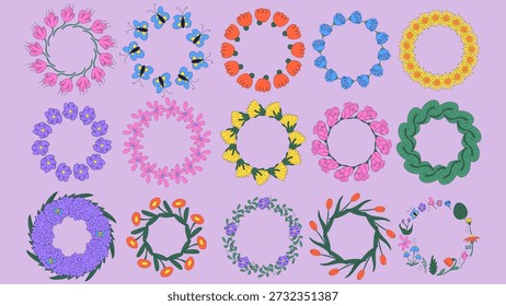 Conjunto de molduras de flores desenhadas à mão em círculo. Doodle elementos florais da primavera. Ilustração isolada de vetor.