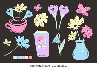 Hand drawn spring flowers, coffee cup and vase in pastel colors. Vector illustration.