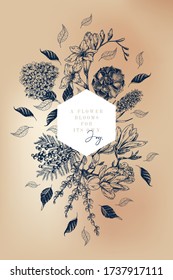 Handgezogene Frühlingsblumen. Gravierte Vektor Magnolien, Gefrierschmerzen, Hydrangea, Hyazinthen, Weiden, Mimosen und Sukkulent. Blumenladen. Hochzeit, Partydekoration, Einladung elegante Grußkarte