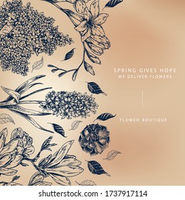 Hand drawn spring flowers. Engraved vector magnolia, freesia, hyacinth, lilac and succulent. Flower delivery boutique. Wedding, party decoration, invitation design, elegant greeting card.