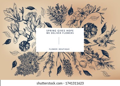 Hand drawn spring flowers. Engraved vector magnolia, freesia, hydrangea, lilac, sakura, willow, tulip and succulent. Flower delivery boutique. Wedding, party decoration invitation greeting card