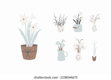 Hand drawn Spring flowers. Home plants in pots. Pascal home decor