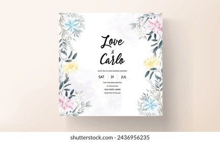 Hand drawn spring flowers and leaves wedding invitation