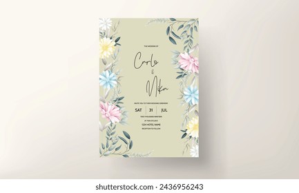 Hand drawn spring flowers and leaves wedding invitation