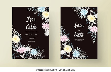 Hand drawn spring flowers and leaves wedding invitation