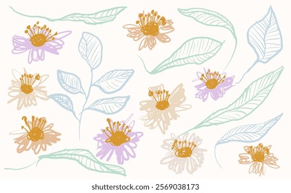 Hand drawn spring flowers on blush background berries leaf floral pattern. Vector pastel flowers hand drawn brush stroke, ink of spring chrysanthemum flowers. Dry brush style floral motives.