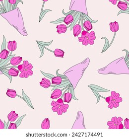 Hand drawn spring flowers pink tulips bouquet vector seamless pattern. Linear happy Easter holiday floral background. 