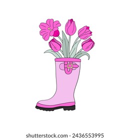 Hand drawn spring flowers pink tulips in a garden rubber boot vector illustration isolated on white. Linear happy Easter holiday print poster postcard themed graphics. 