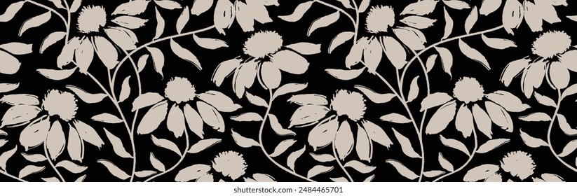 Hand drawn spring flowers seamless pattern with ink brush texture.