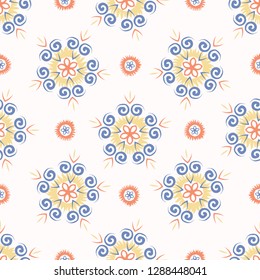 Hand drawn spring folk flower circles. Seamless repeating vector pattern. Trendy abstract spiral daisies. All over print illustration for fashion, gift wrapping or summer home decor background.