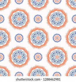Hand drawn spring folk flower circles. Seamless repeating vector pattern. Trendy  daisies polka dot wreath . All over print illustration for fashion, gift wrapping or summer home decor background.