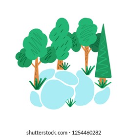 Hand drawn spring green trees and pond in the park zone. Flat season illustration. Vector beautiful landscape. Cute illustration of spring time. 