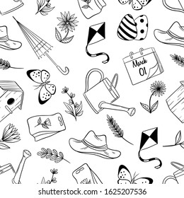 hand drawn spring icons in seamless pattern
