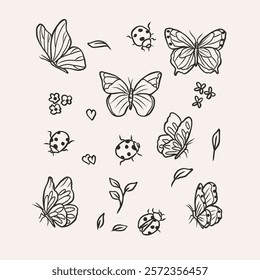 Hand drawn spring insects collection. Whimsical illustration