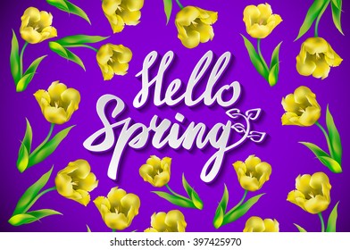 Hand drawn spring inspirational quote - hello spring season of love. Pen and ink calligraphy. Brush painted purple letters on violet background and blossom cherry branches frame, vector illustration. 